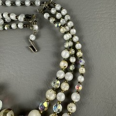 Vintage Beaded Necklace 3 Strand White Lucite AB Crystal Gold Fleck 15″