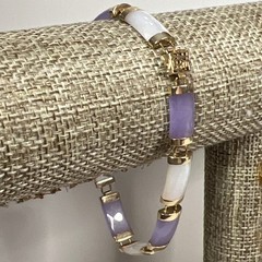 Vintage WJ 10k Yellow Gold Lavender Jade & Mother Of Pearl Asian Bracelet 7.5”