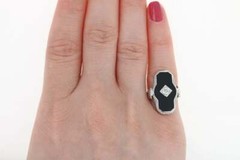 Art Deco Black Onyx & Mine Cut Cubic Zirconia 18.26TCW Filigree Milgrain Ring