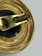 Vtg Les Bernard Runway Gold Plt RARE Black Cabochon Glass Rope Disc Earrings XL