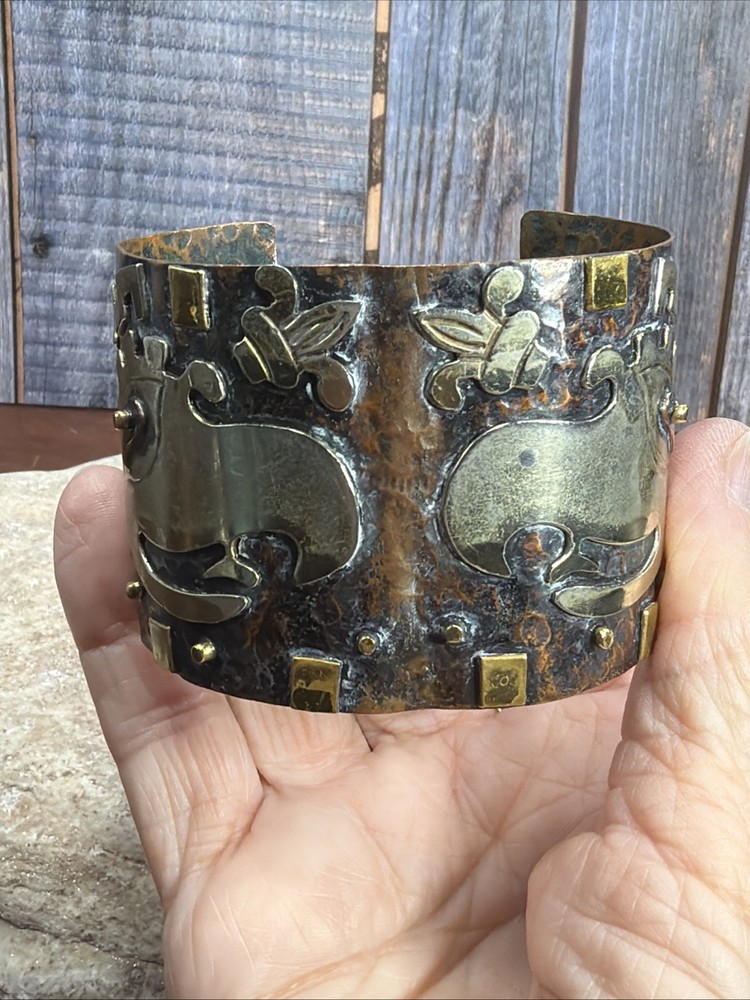 Vintage Mexico Mixed Metal Aztec Bracelet Sterling Copper Brass 8″
