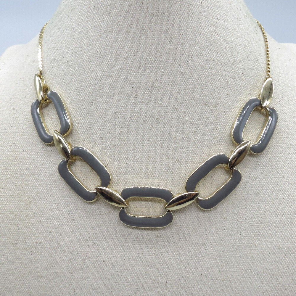 Vintage Gray Enamel Link Statement Necklace Gold Tone Retro Style 19″