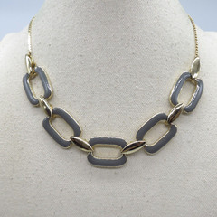 Vintage Gray Enamel Link Statement Necklace Gold Tone Retro Style 19″