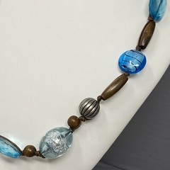 Beaded Necklace Blue Glass Fused Foil Acrylic Crackle Faceted Wood Metal 21″