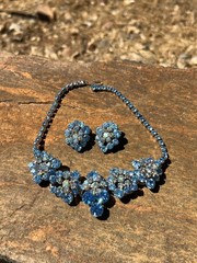 JULIANA DELIZZA ELSTER LINK NECKLACE CLIP EARRINGS SET BLUE RHINESTONES VINTAGE