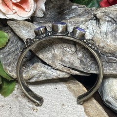 53. Vintage Nepal Mix Metal Triple Amethyst Garnet Cuff Bracelet 7″, 37g