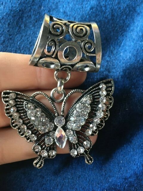 Vintage Slide Open Work Silvertone Butterfly Rhinestone Charm Scarf Pendant 2.5″