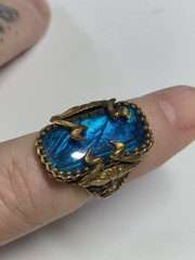 Antique Art Deco Blue Morpho Butterfly Wing Green Man? Pan? Czech? Ring Devil