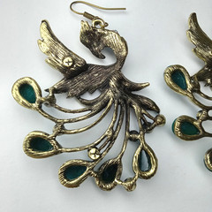 Boho Antique-Bronze Peacock Dangle Statement Earrings Turquoise Rhinestone Drops