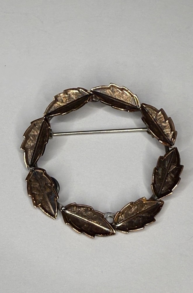 Vintage Bell Trading Post Solid Copper Leaf Wreath Brooch Pin 1950s Mid Century