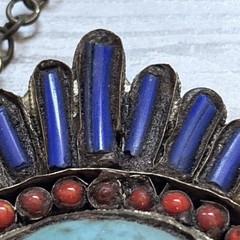 Vintage Nepal Tibet Carved Foo Dog Pendant Necklace Coral Lapis Turquoise Tone