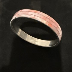 Bangle Bracelet Mother of Pearl Pink Shell Inlay on Silver Retro Boho Mosaic