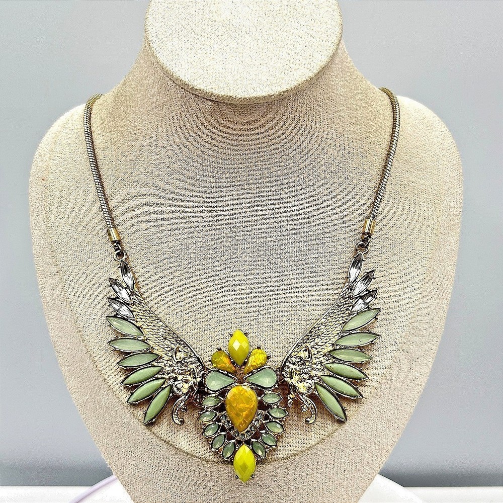 VTG Retro Gold Tone Phoenix Wing Necklace Sage Green & Amber Tone Boho Statement