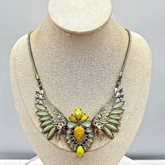 VTG Retro Gold Tone Phoenix Wing Necklace Sage Green & Amber Tone Boho Statement
