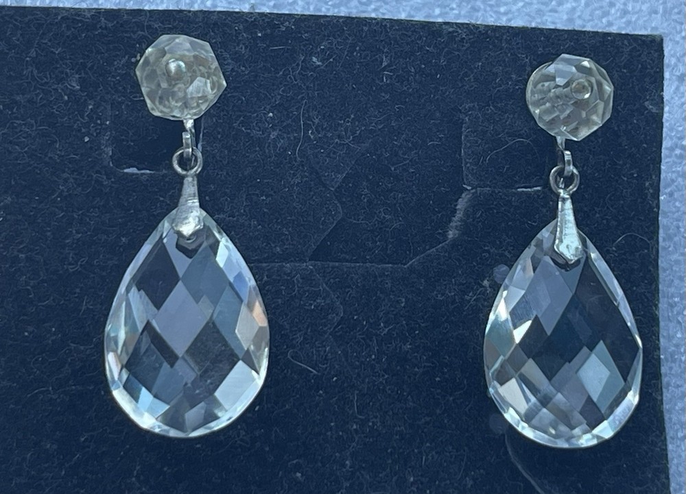 Beautiful Art Deco Faceted Rock Crystal Sterling Silver Drop Dangle Earrings
