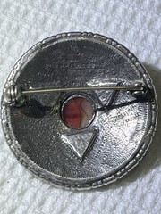 Vintage Miracle brooch round, Celtic-design with multicoloured glass stones.