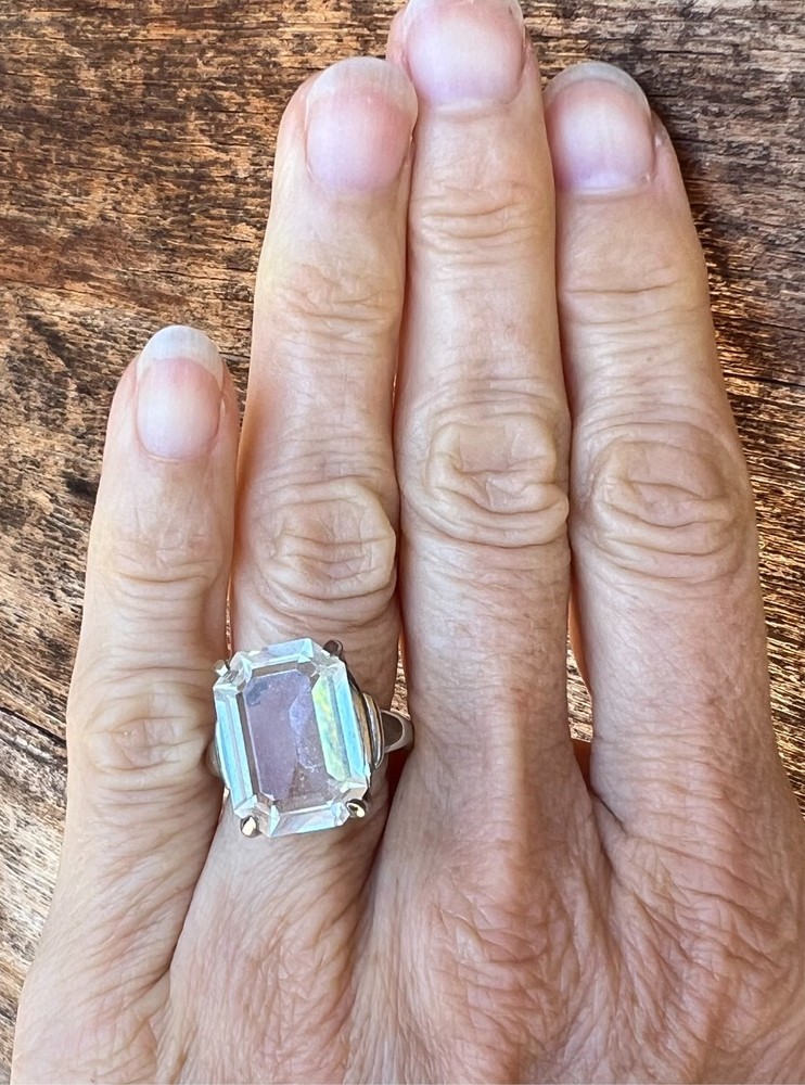 1960s Vintage VENDOME adjustable cocktail ring, w/ clear glass emerald-cut stone