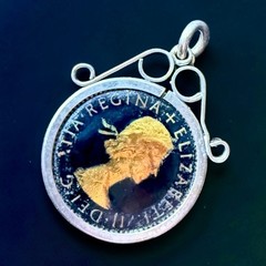 Lucky Sixpence Pendant British Coin Charm Queen Elizabeth II Vintage 1954