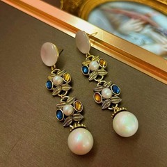 Vintage European Pearl Drop Earrings, Rhinestone Gold Tone Victorian Jewelry
