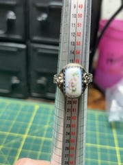 Vintage Hand Painted Porcelain Floral Cabochon Ring Ornate Silver Tone Filigree