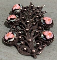 Vintage Russian Rostov Finift Filigree Hand-Painted Porcelain Cabochons Brooch