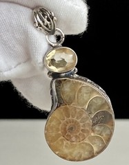 Ammonite Fossil Gemstone Bezel Set 1.75” Pendant 925 Sterling Silver 9.45g Vtg.