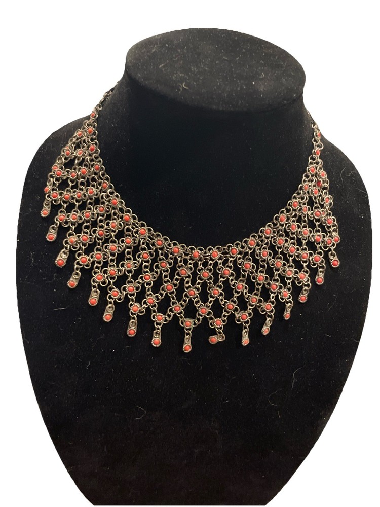 Vintage Chain Link Beaded Collar Necklace 16” With Clasp