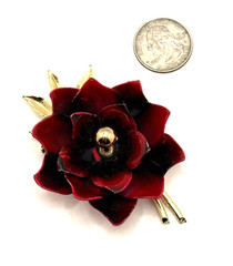 Vintage CORO Red Black Enamel Flower Pin Brooch Floral Statement Signed 3 1/8″