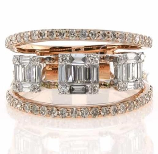 1.03CT DIAMOND 18KT WHITE & ROSE GOLD 3D ROUND & BAGUETTE SQUARE MULTI BAND RING