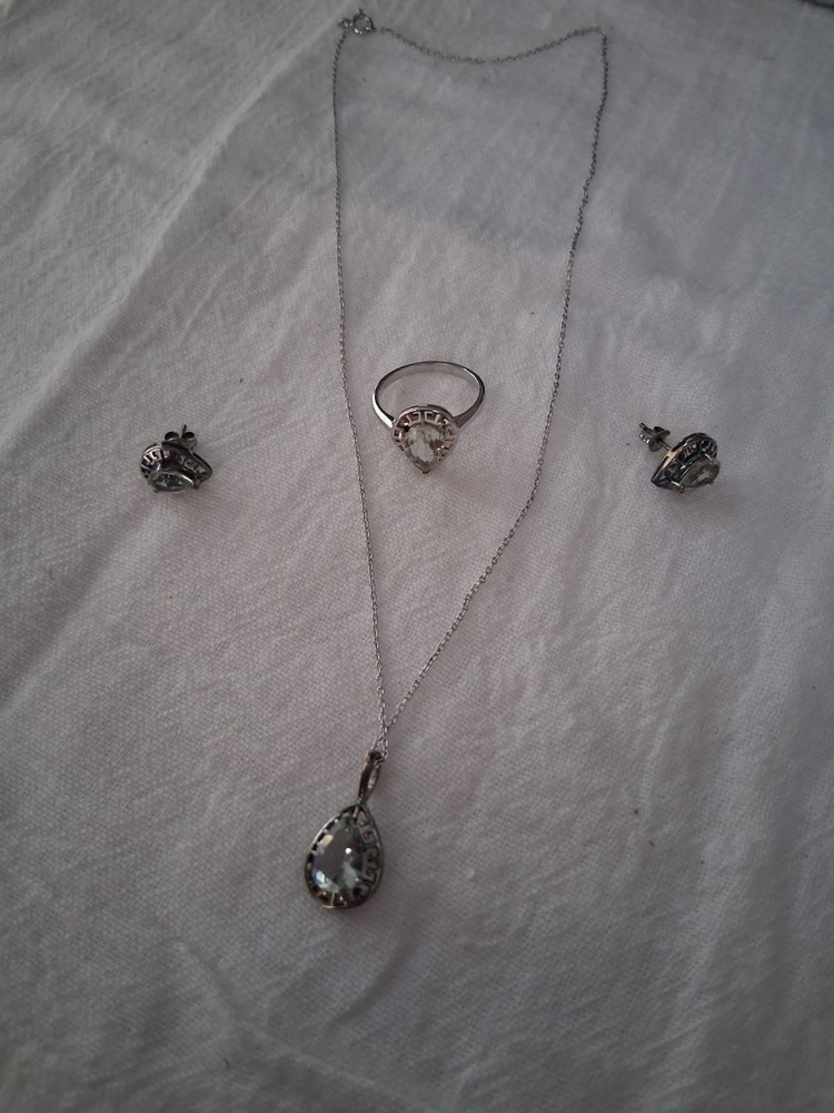 Vintage Tear Drop Necklace, Ring, And Earrings Set CZ Sterling 925