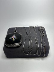 Antique Art Deco Sterling Silver Flower Basket Enamel Locket Necklace