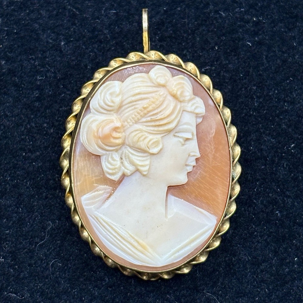 Antique Gold Filled Hand Carved Shell Cameo Portrait Brooch Pendant Pin