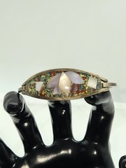 Vintage Alpaca Mexico Silvertone Hinged Bracelet Inlaid Mother Of Pearl Abalone