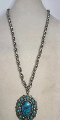 Vintage Bell Trading Post 1970s Nickel Silver Turquoise Pendant Necklace 25″
