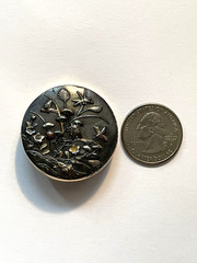 Antique 19th C Japanese Shakudo Inlay Brooch Pin With 18K Yellow Gold Frame