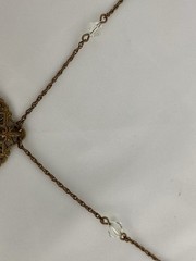 Vintage Art Deco Revival Brass Filigree Glass Flower Basket Tassel Necklace 16”