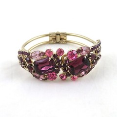 Vintage Rhinestone Clamper Bracelet Clip On Earrings Set Purple Rhinestones