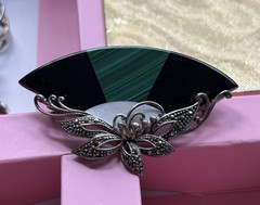 VINTAGE MALACHITE MOP ONYX MARCASITE FAN BROOCH Lily Asian Inspired 2.5 inches