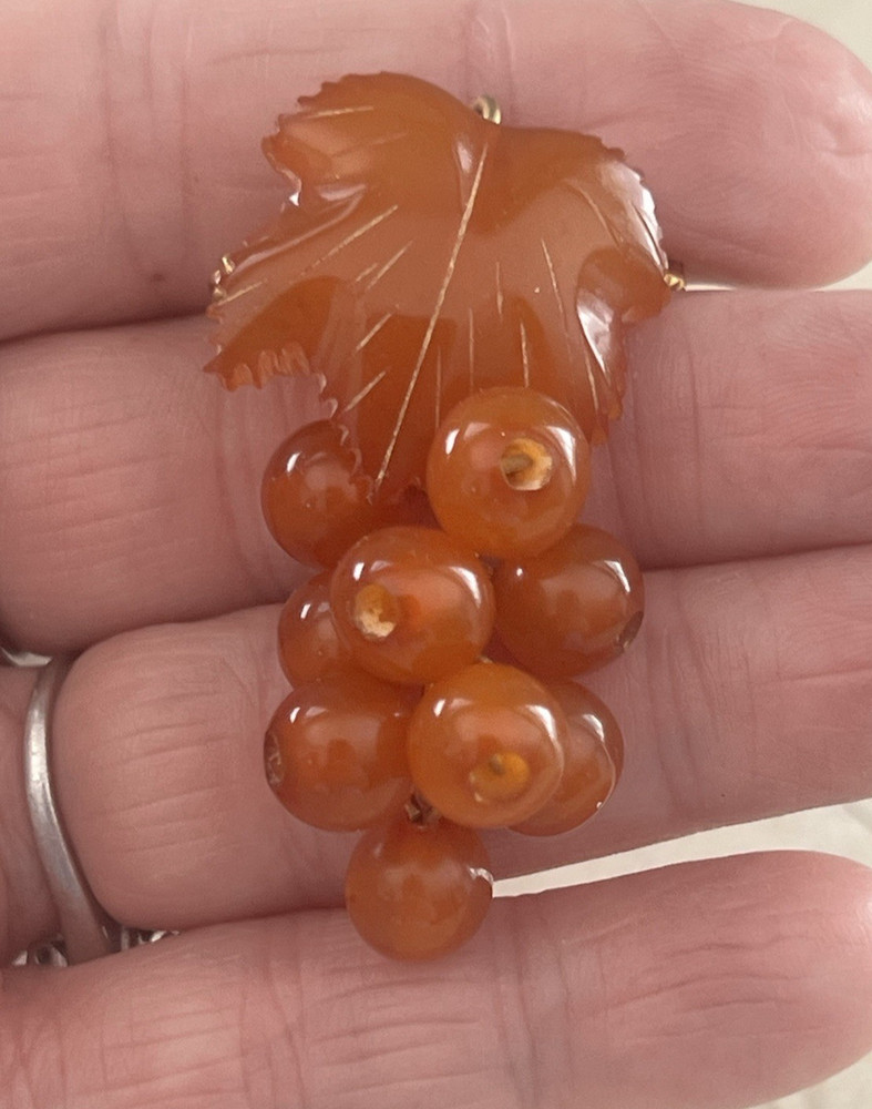 Vintage Russian Amber Leaf Grape Cluster Pin Brooch Pendant 2″ Long