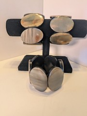 Three Polished Buffalo Horn Oval Panel Stretch Bracelet Chunky Bangles