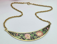 Vintage Black Floral Cloisonne Collar Necklace 17 in Gold Tone Taiwan