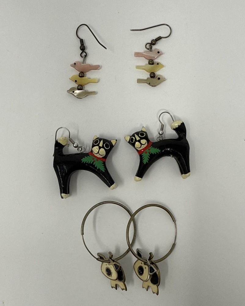 Vintage Animal Novelty Dangle Earrings Set of 3 Black Cat, Pig Hoops, Birds
