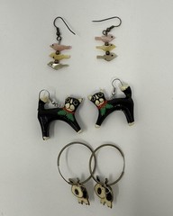 Vintage Animal Novelty Dangle Earrings Set of 3 Black Cat, Pig Hoops, Birds