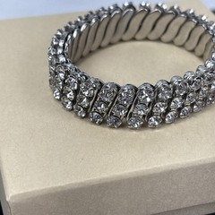 Vintage Silver Tone Expandable Stretch Clear Rhinestone Bracelet 3 Rows
