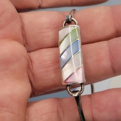Vtg Sterling Silver Mop Mother Pearl Tension Bracelet Colors 7″ signed Inlay 925
