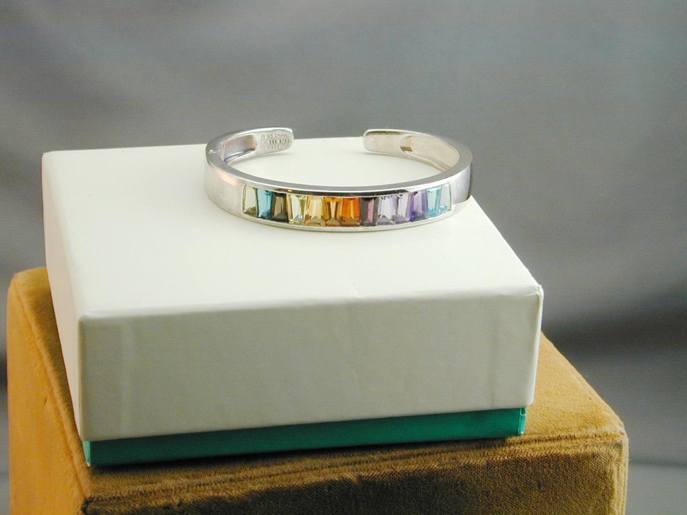 SPECTACULAR Tapered Baguette Rainbow Gemstone Channel Set Hinged Bangle Bracelet