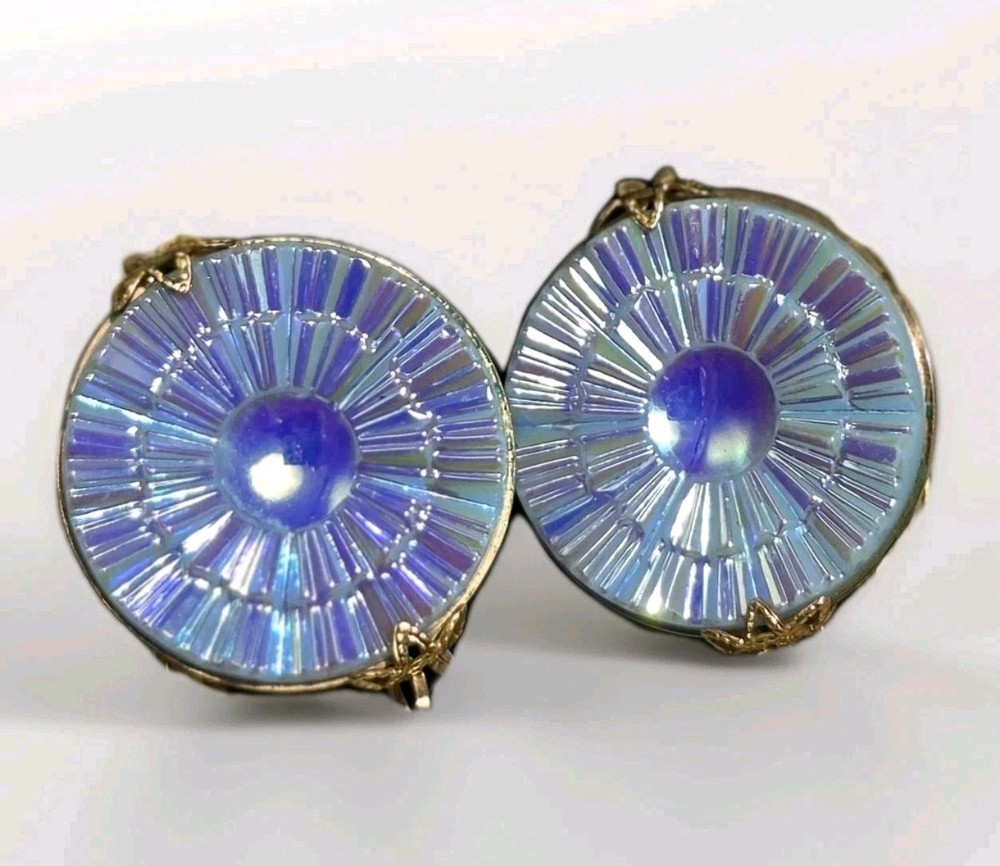 Vtg Hillcraft Castlecraft Comfort Clip Earrings in Blue Iridescent Molded Glass