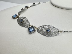 Victorian Art Deco White Metal Blue Glass Filigree Link Necklace Delicate Read