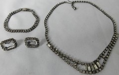 Retro Modern Art Deco Rhinestone Necklace Bracelet Earrings Set MCM c. Late 70s