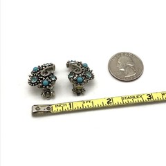 Vintage Lisner Silver Tone Blue Rhinestone Flower Climber Clip On Earrings